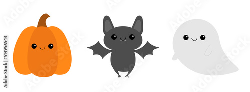 Happy Halloween. Bat, ghost spirit, pumpkin with face. Cute cartoon kawaii funny baby character set. Flat design. White background. Isolated.