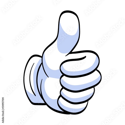 Cartoon hand in white gloves shows like, thumbs up flat icon. Human character hand pointing with finger, waving, showing, thumbing up vector illustration