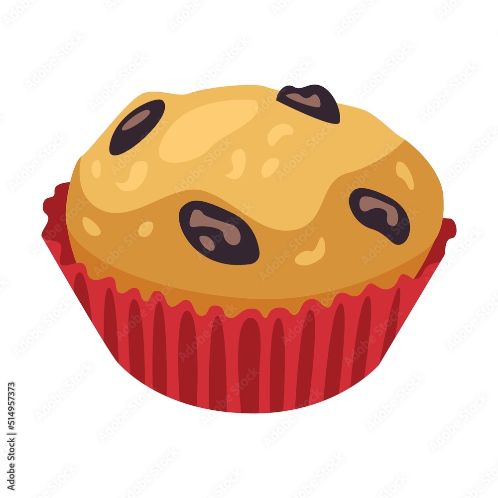 Cupcake with raisins Bread assortment flat icon. Cartoon bun, pretzel, cakes, baguette, bagel, whole grain bread isolated vector illustration. Bakery concept Cupcake with raisins Bread assortment flat icon. Cartoon bun, pretzel, cakes, baguette, bagel, whole grain bread isolated vector illustration. Bakery concept