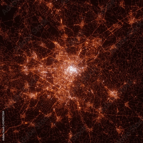 Turin city lights map, top view from space. Aerial view on night street lights. Global networking, cyberspace