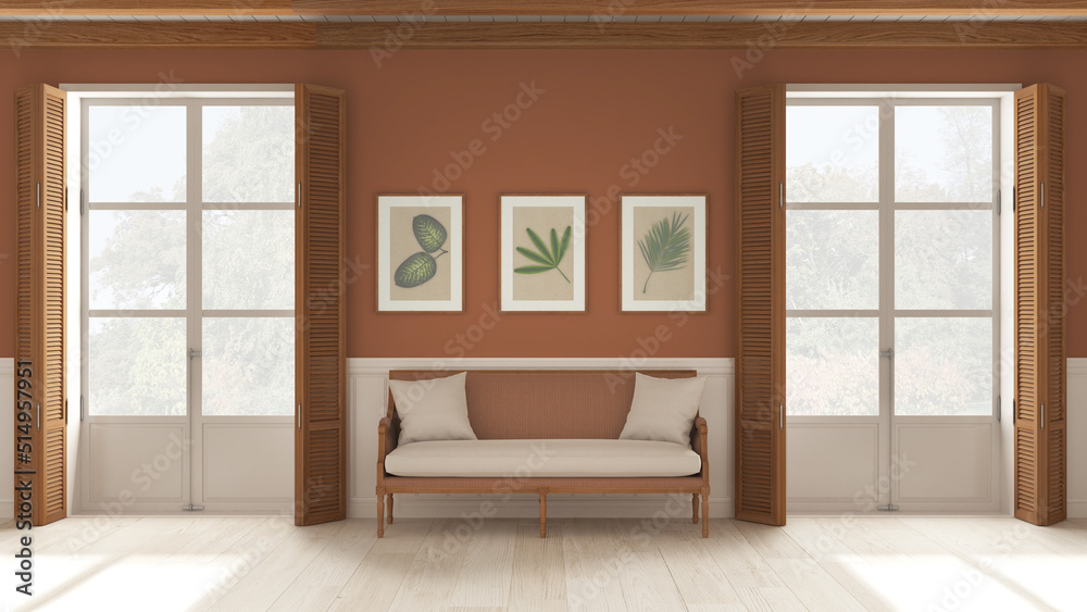 Living room background, sitting waiting room in white and orange tones. Two panoramic windows with wooden shutters and beam ceiling, vintage sofa. Parquet, interior design