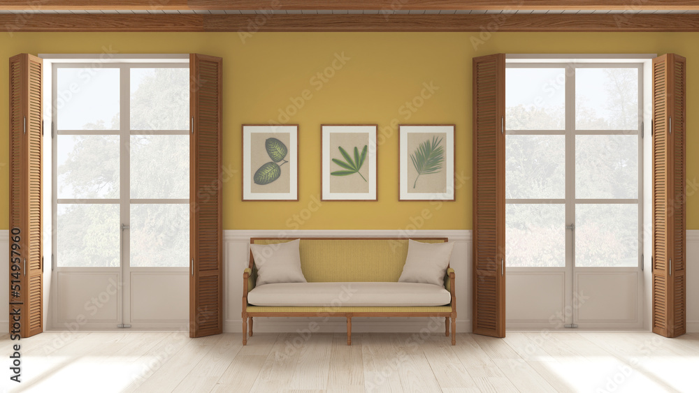 Fototapeta premium Living room background, sitting waiting room in white and yellow tones. Two panoramic windows with wooden shutters and beam ceiling, vintage sofa. Parquet, interior design