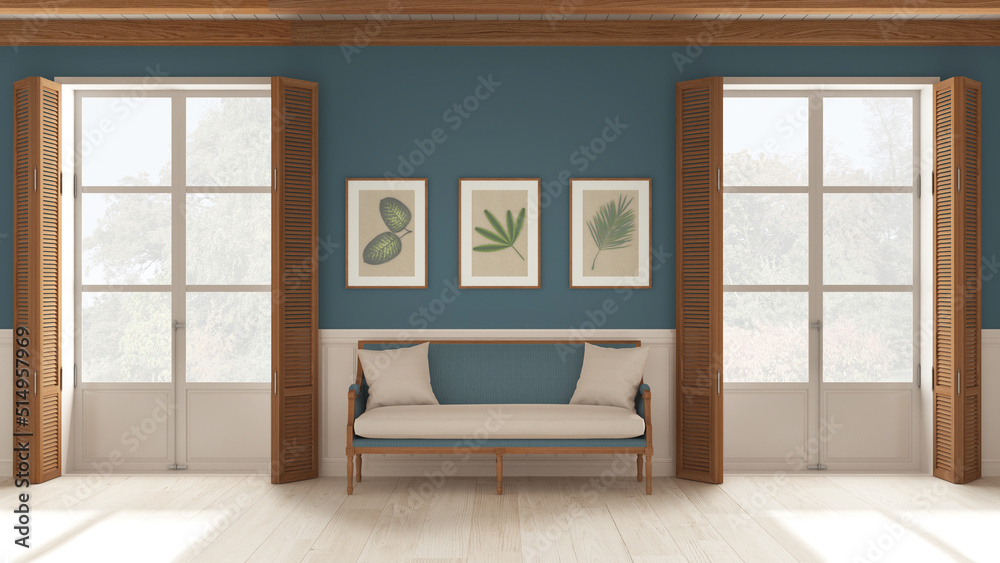 Living room background, sitting waiting room in white and blue tones. Two panoramic windows with wooden shutters and beam ceiling, vintage sofa. Parquet, interior design Living room background, sitting waiting room in white and blue tones. Two panoramic windows with wooden shutters and beam ceiling, vintage sofa. Parquet, interior design
