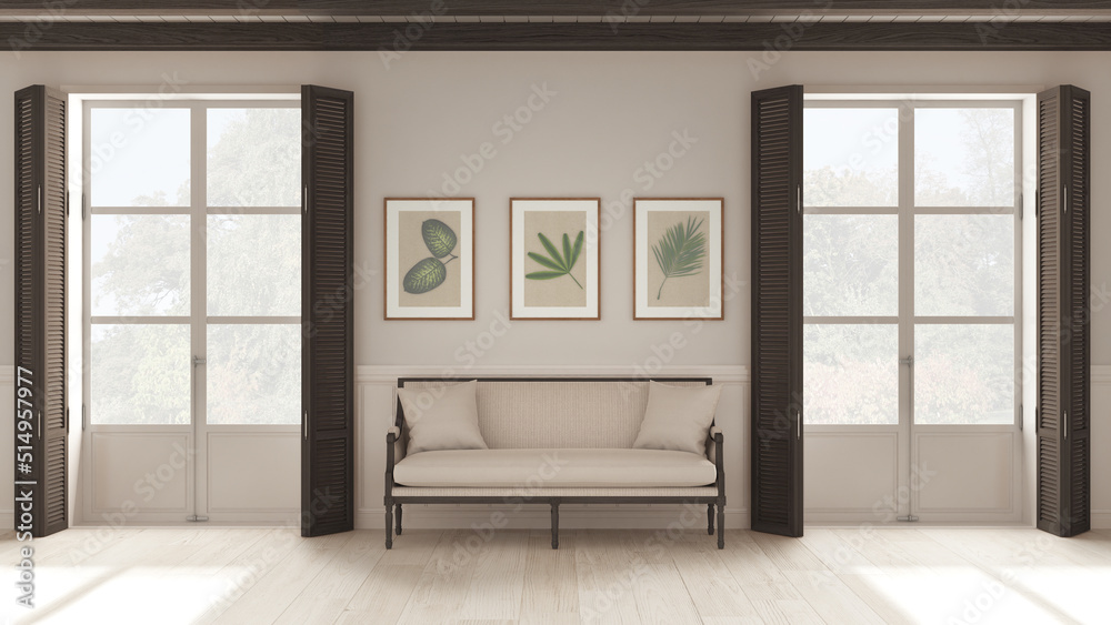 Fototapeta premium Living room background, sitting waiting room in white and dark tones. Two panoramic windows with wooden shutters and beam ceiling, vintage sofa. Parquet, interior design