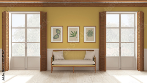 Living room background, sitting waiting room in white and yellow tones. Two panoramic windows with wooden shutters and beam ceiling, vintage sofa. Parquet, interior design
