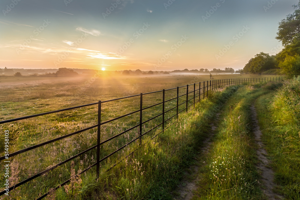 Sunrise over rural fields fences and track in Norfolk UK