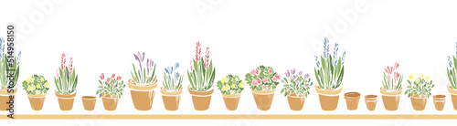 Colorful cute seamless horizontal border frame with pastel colored flowerpots, flowers, pots, potted plants. Endless pattern with hand drawn silhouette on white background. Vector illustration.