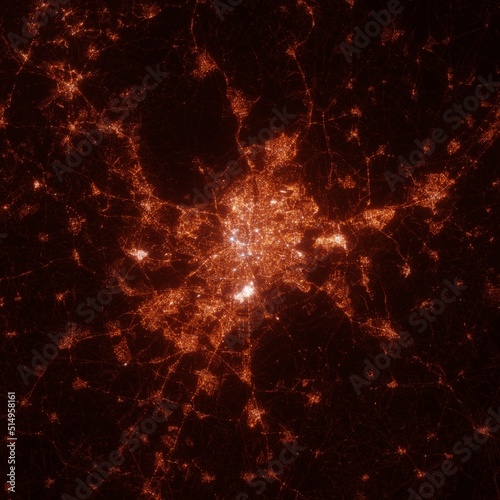 Madrid city lights map, top view from space. Aerial view on night street lights. Global networking, cyberspace