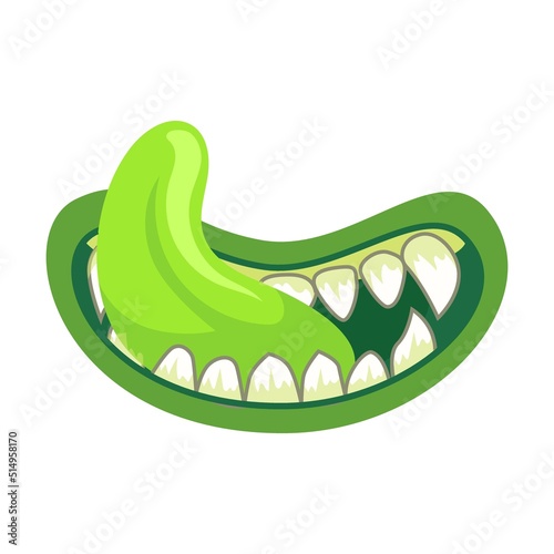 Monster mouth in cartoon style. Cute creature green mouth with tongue and teeth and dripping saliva. Halloween caricature monster