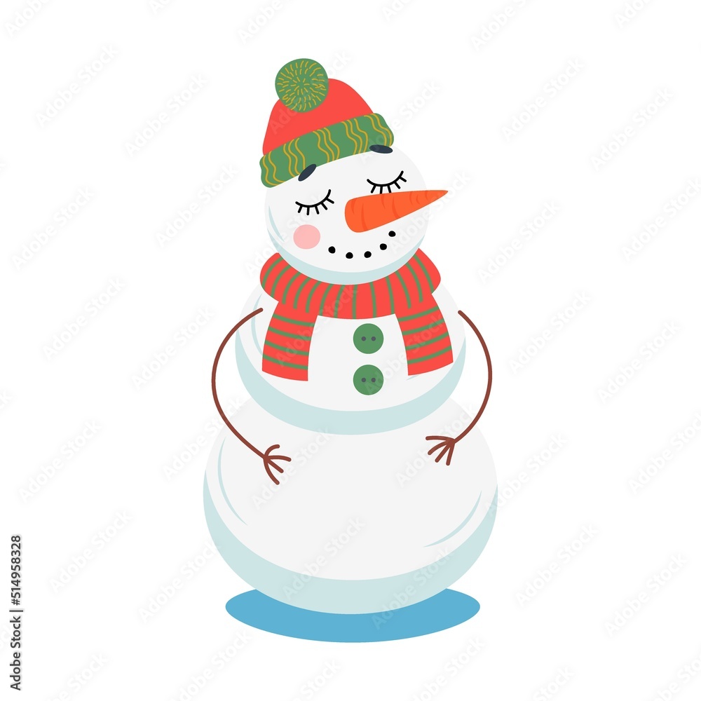 Happy comic snowmen in hats and scarves, gift box, New Year or Christmas decoration. Cute snowman cartoon character vector illustration