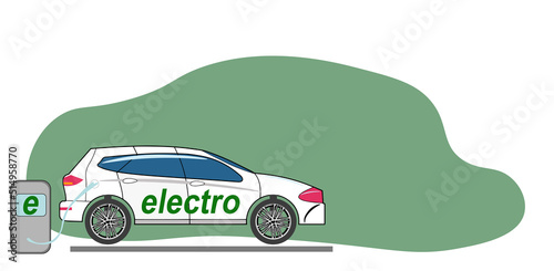 Flat vector illustration of a red electric car charging at the charger station. Electromobility e-motion concept. 