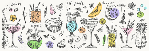 Alcoholic cocktails set with fruits, ice