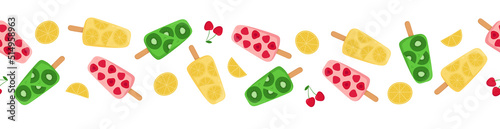 Ice cream seamless border. Fruit popsicle, lemon and cherry pattern. Vector illustration