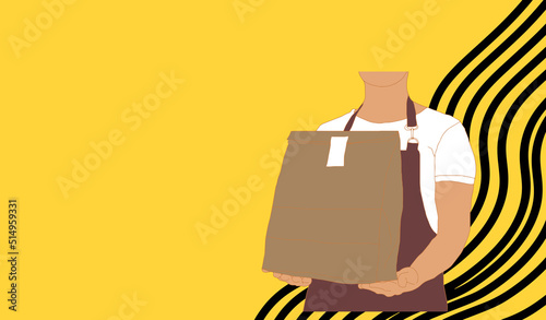 Delivery man in a medical mask and gloves holding a bag with food .Prevention of coronavirus.Concept of safe food delivery during the epidemic coronavirus.Vector illustration 