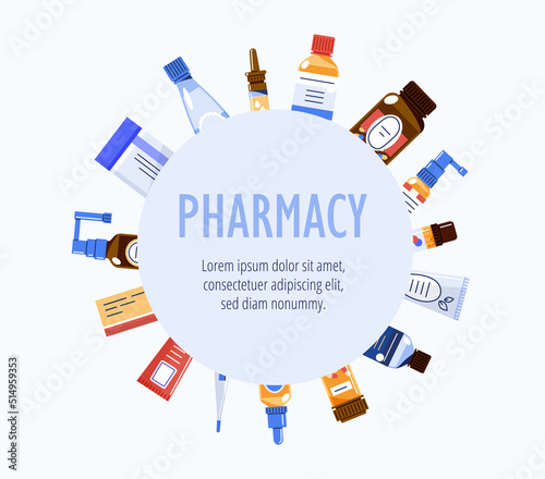 Different medications around circle on white background.Flat vector illustration