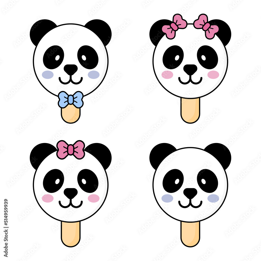Cute ice cream panda. Set of cute panda ice cream on white background 