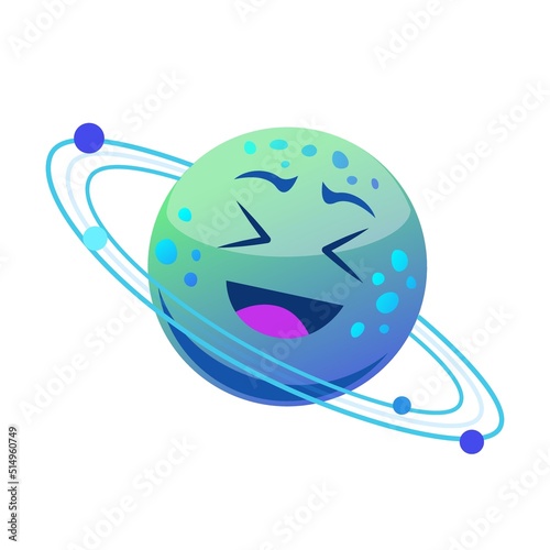 Funny planet Saturn with faces vector cartoon illustration. Fantasy planet characters with eyes and mouths isolated on purple background. Kids astronomy