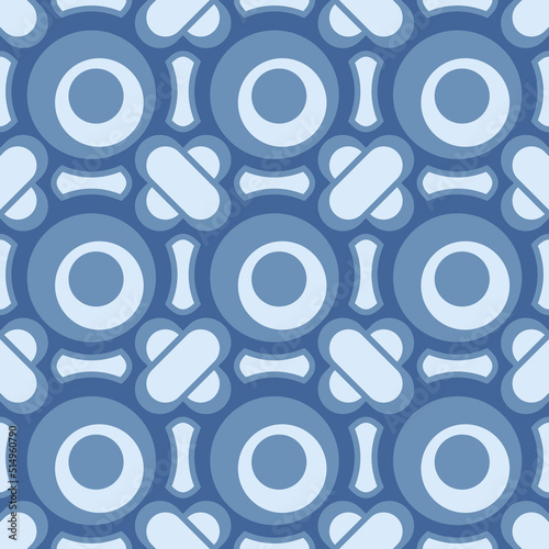 Blue shapes circles and crosses. Vector seamless stylish and primitive pattern.