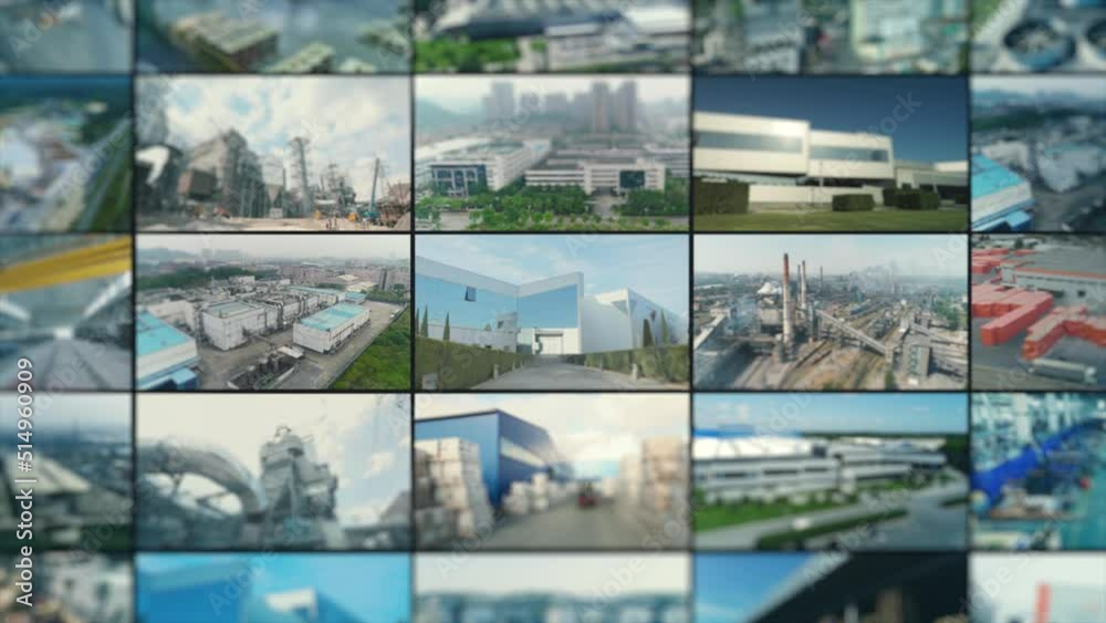 Collage Factory Building Industry multiscreen video. Exterior of modern factory video collage ...
