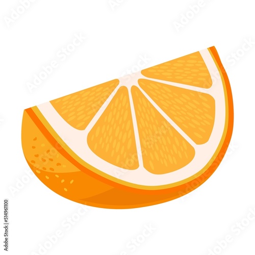 Juicy bright orange slice. Whole fruit with green leaf, half cut, slice. Vector illustration for organic product, fresh citrus, raw food diet