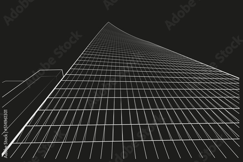 Linear abstract arcitectural sketch multi-storey building in tree-point perspective on black background
