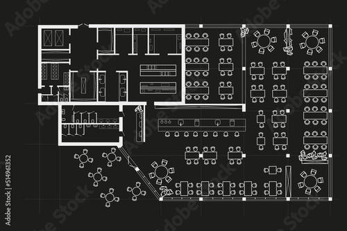 Linear technical sketch restaurant with bar and kitchen zone plan on black background