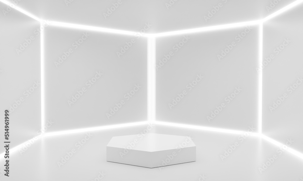 Fototapeta premium white stand and neon light in the white room.3d rendering.