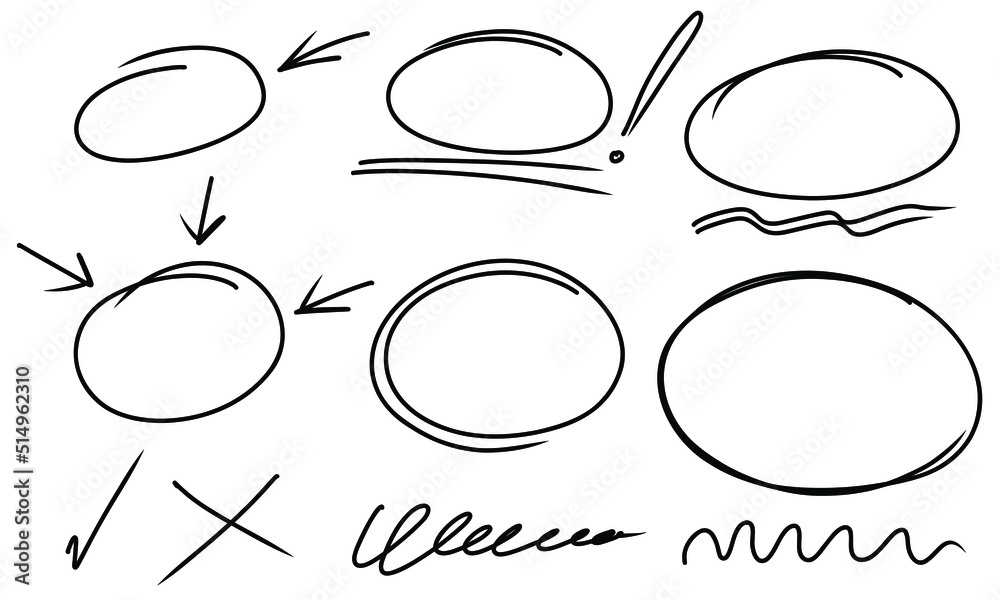 Highlight oval frames, marker arrows, underlines lines. Hand drawn scribble doodle circle set. Ovals and ellipses line template. Stock vector illustration isolated on white background.