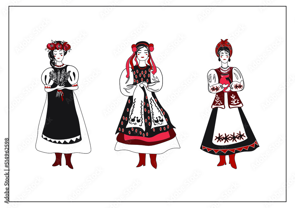 A drawing in black, white and red depicting three Ukrainian women in national costumes. Ukrainian postcard