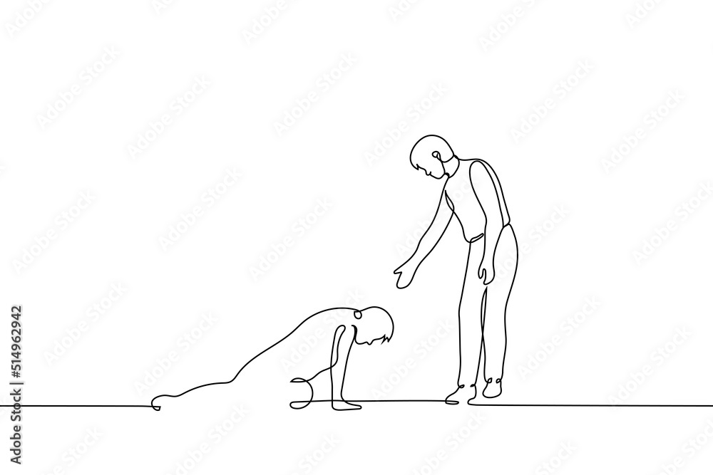 man helps a lying person - one line drawing vector. concept of helping those in need, empathy from a stranger