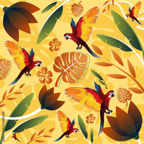 Collage tropical de guacamayas, conjunto de patrones sin fisuras. Aves de Venezuela. 