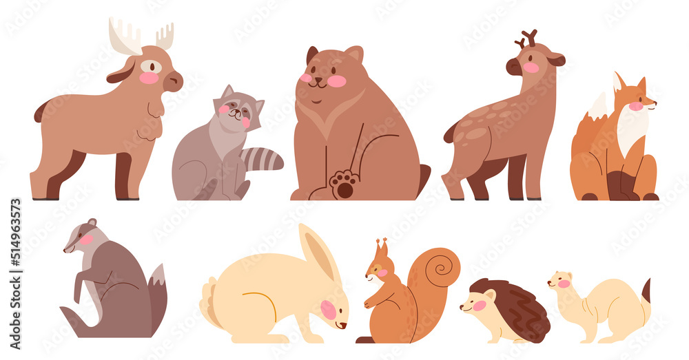 Cute forest animals set. Deer and elk, grizzly bear, fox, rabbit,