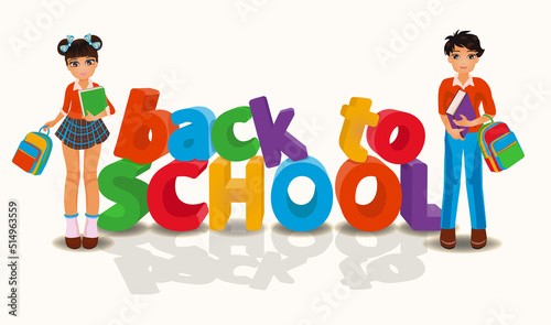 Back to school bacjground, asian boy and girl. vector illustration