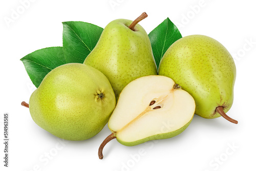 Green pear fruit with half isolated on white background with full depth of field photo
