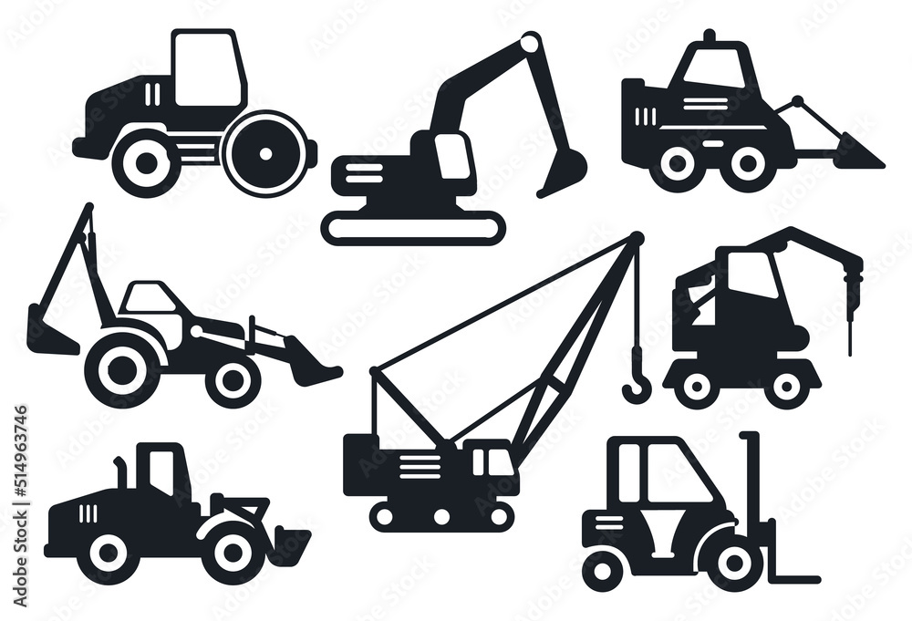 Flat Construction Machine Vector Silhouettes Flat Construction Machine Vector Silhouettes