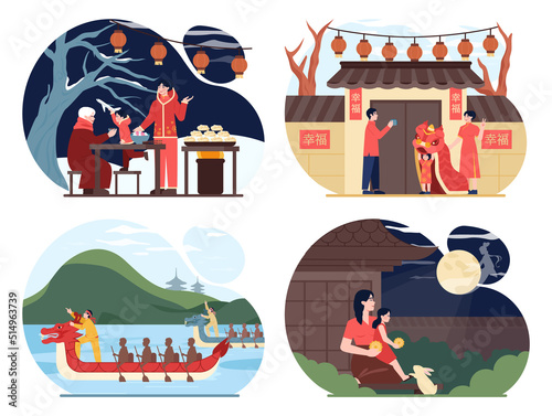 Traditional chinese holidays set. Characters celebrate national asian