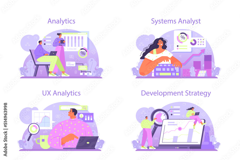 System analyst concept set. IT technologies and systems for business