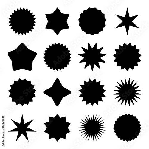 Retro stars, sunburst symbols. Vintage sunbeam icons. Black shopping labels, sale or discount sticker, quality mark. Special offer price tag, promotional badge. Vector illustration.