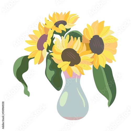 Sunflower bouquet in vase flat icon. Bunch of plants vector illustration. Rose, sunflowers, tulips and others. Decoration and nature