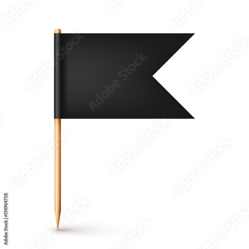 Realistic wooden toothpick with black paper flag. Location mark, map pointer. Blank mockup for advertising and promotions. Vector illustration