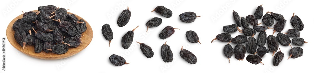 Black raisin isolated on white background. Top view. Flat lay. Set or collection