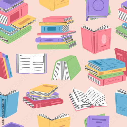Seamless pattern with retro books in colorful covers. Stacks of literature and textbooks for reading and education. Hand drawn vector illustration isolated on background. Modern flat cartoon style.