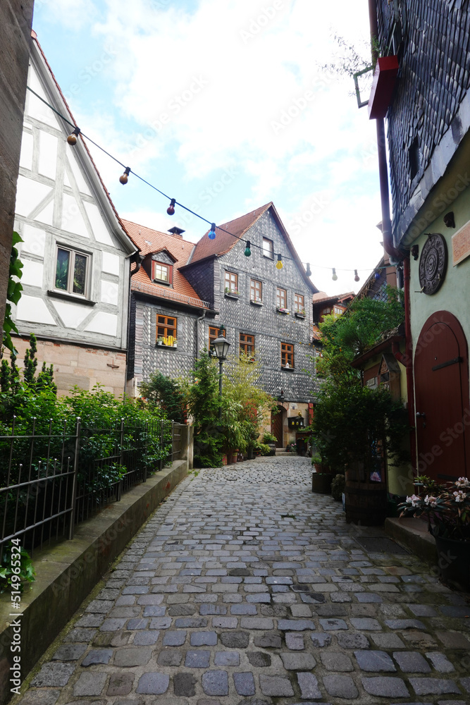 Old street of traditional tiled houses in Fuerth, Germany