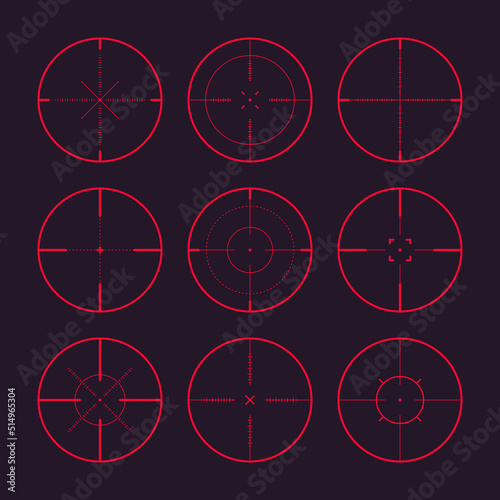 Various sniper rifle night sights, weapon optical scope crosshair. Hunting gun red viewfinder. Shooting mark symbol, aim. Military target sign. Game interface UI element. Vector illustration