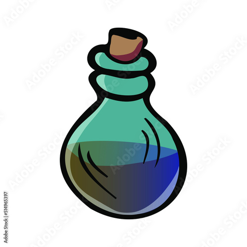 A bottle of magic potion. Lab badge, magic bottle. Graphical interface of the game icon for the interface of the games application. Vector illustration in an isolated cartoon style on a white backgrou