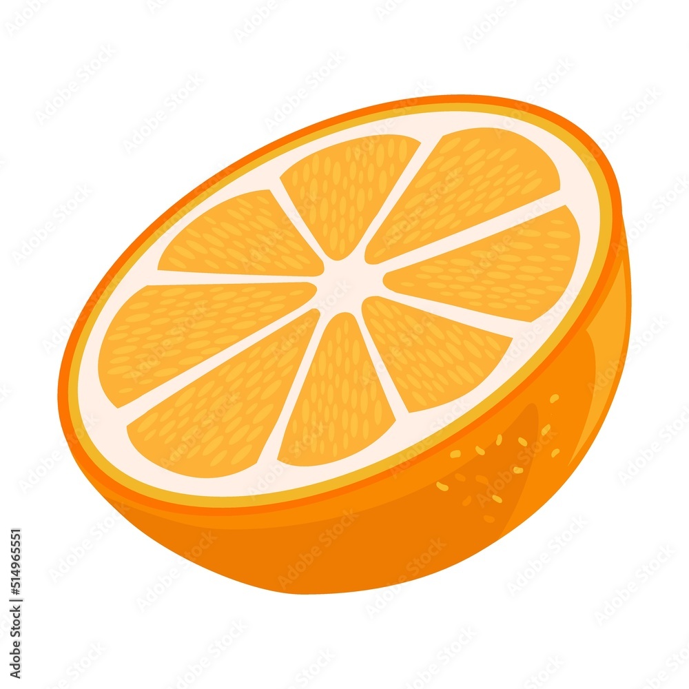 Juicy bright orange. Whole fruit with green leaf, half cut, slice. Vector illustration for organic product, fresh citrus, raw food diet Juicy bright orange. Whole fruit with green leaf, half cut, slice. Vector illustration for organic product, fresh citrus, raw food diet