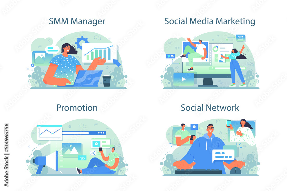 SMM manager concept set. Social media marketing specialist advertising
