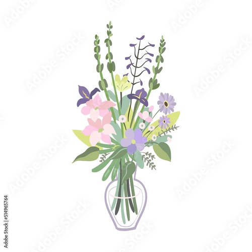 Flower bouquet in vase flat icon. Bunch of plants vector illustration. Tulips and others. Decoration and nature