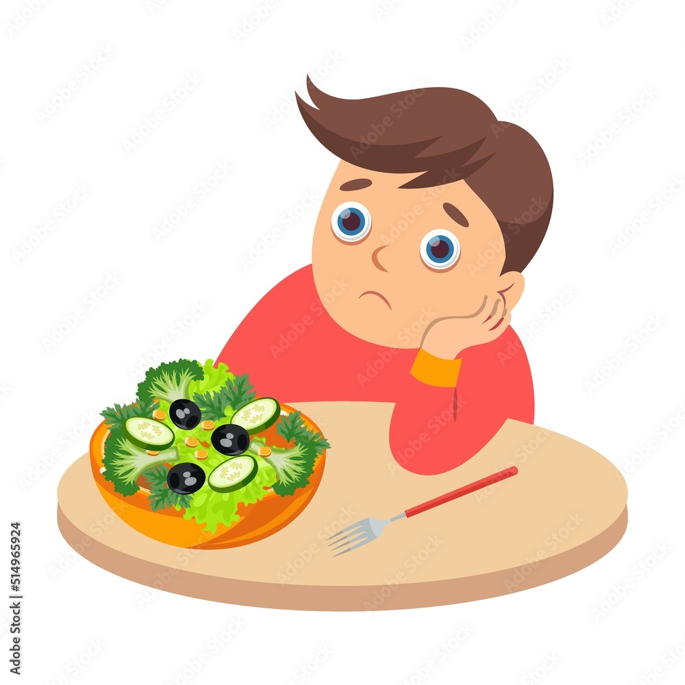 Picky boy refusing healthy food. Cartoon vector illustration. Naughty kid rejecting vegetables, crying, dreaming of burgers, sitting at tables Picky boy refusing healthy food. Cartoon vector illustration. Naughty kid rejecting vegetables, crying, dreaming of burgers, sitting at tables