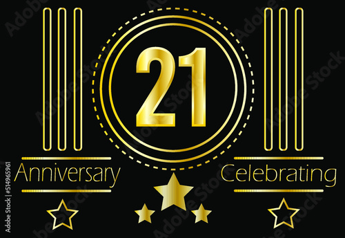 21 years anniversary celebrating. Vector gold medallion with ornament and stars for birthday on black background.